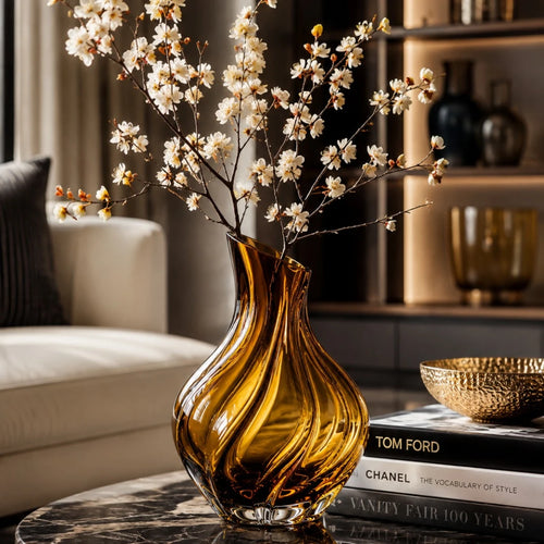 Qazira Amber Swirl Glass Vase - Handblown Ribbed Decorative Flower Vase