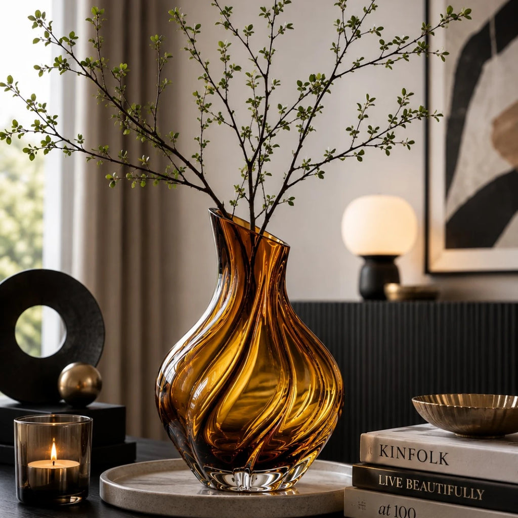 Qazira Amber Swirl Glass Vase - Handblown Ribbed Decorative Flower Vase