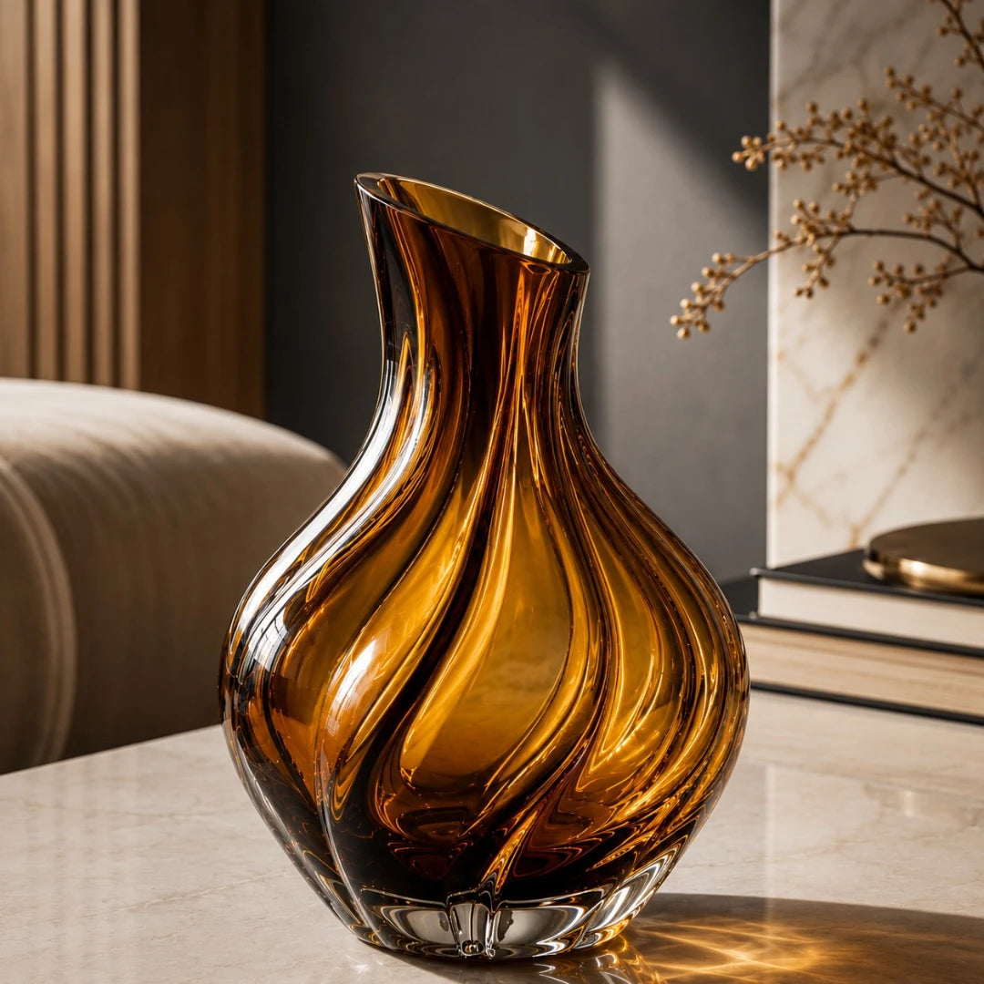 Qazira Amber Swirl Glass Vase - Handblown Ribbed Decorative Flower Vase