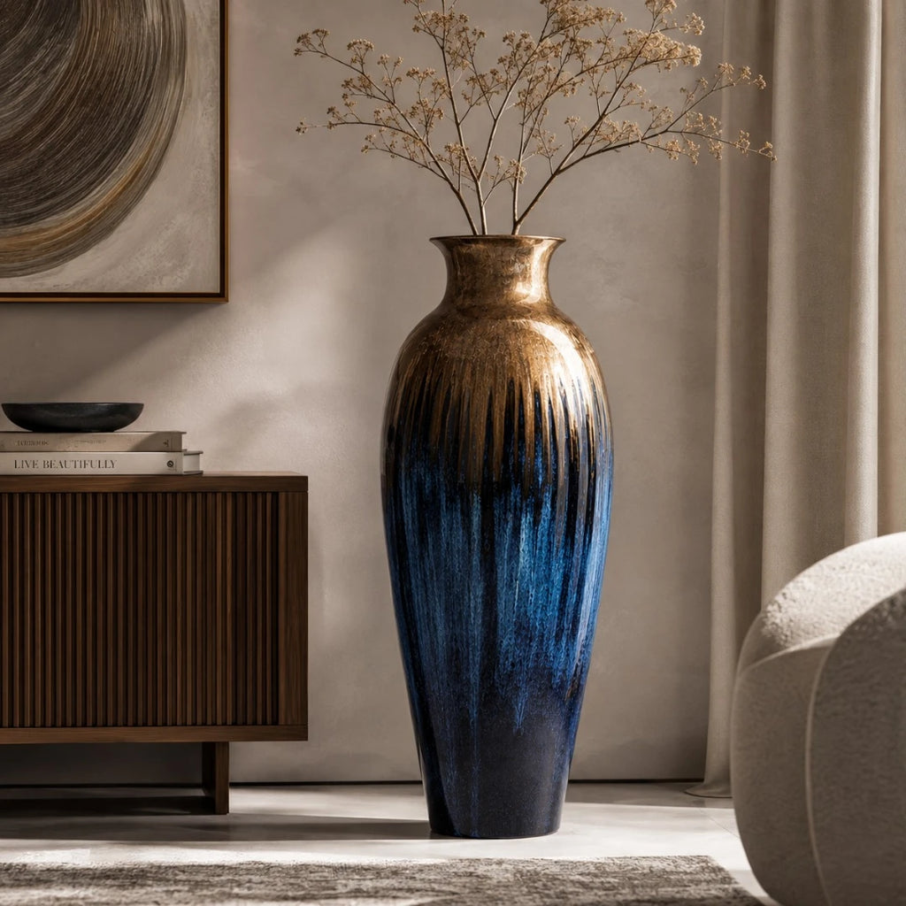 Qazira Bronze & Blue Ombre Large Floor Vase - Textured Ceramic Statement Vase