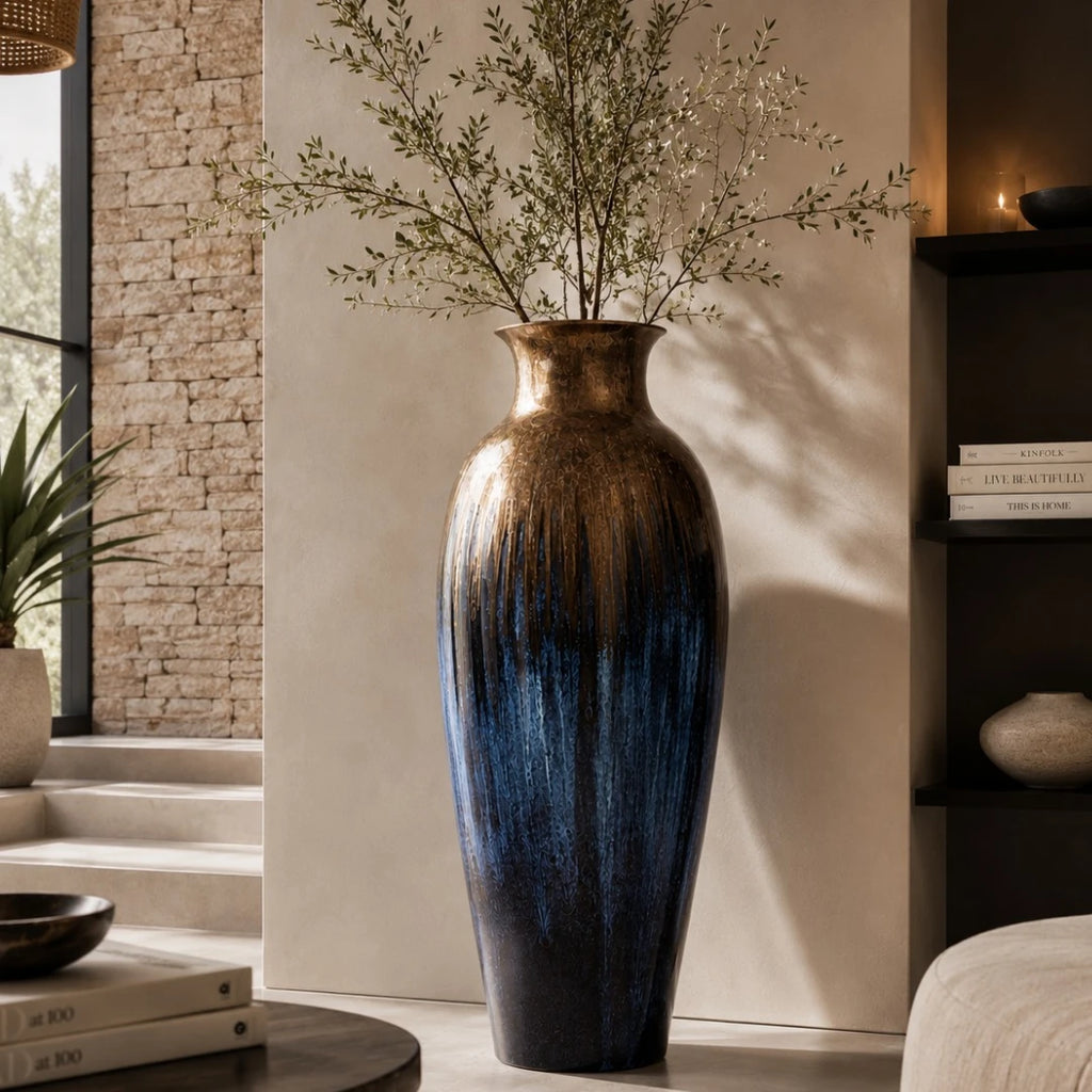Qazira Bronze & Blue Ombre Large Floor Vase - Textured Ceramic Statement Vase