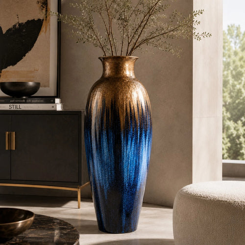 Qazira Bronze & Blue Ombre Large Floor Vase - Textured Ceramic Statement Vase