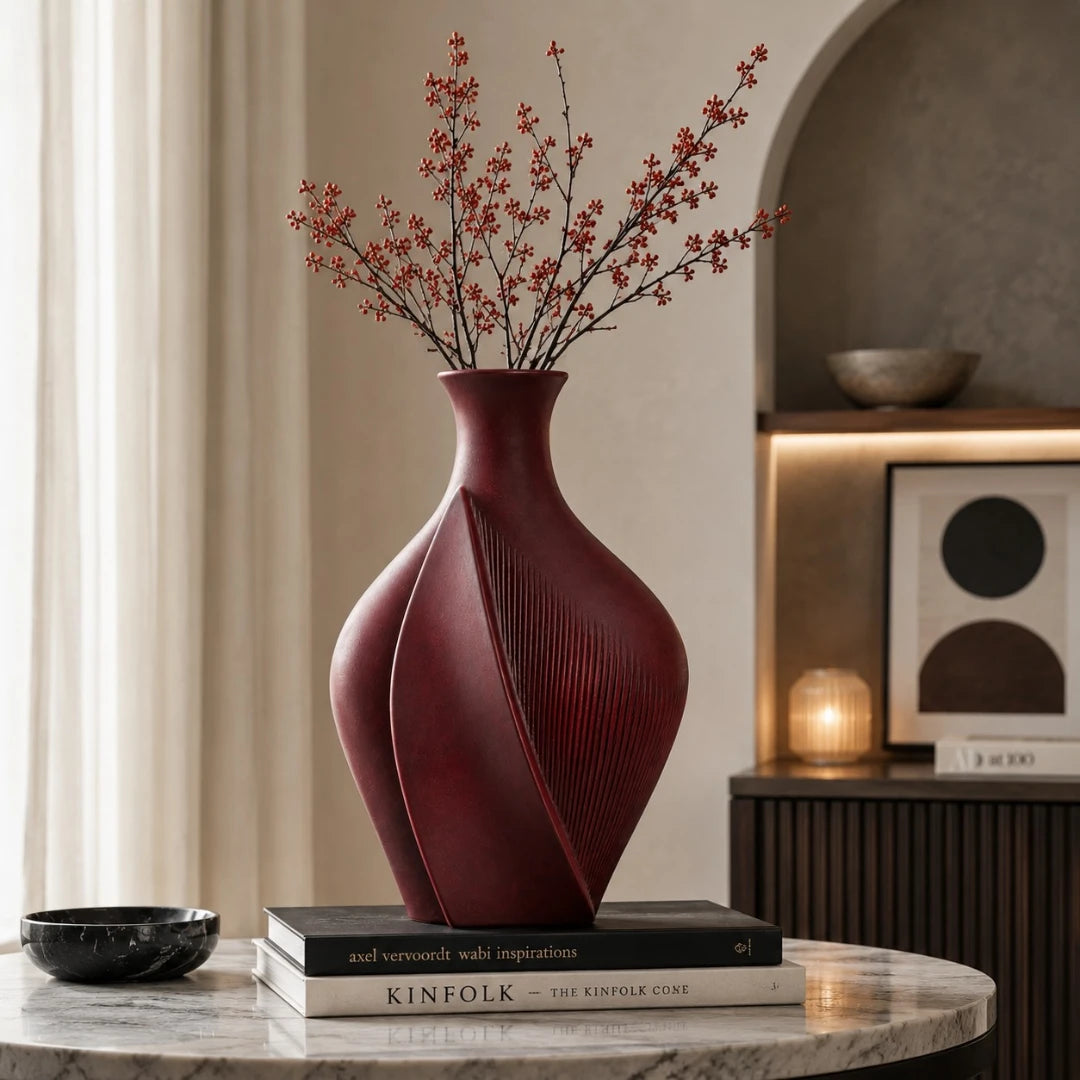 Qazira Burgundy Sculptural Ceramic Vase - Modern Decorative Vase