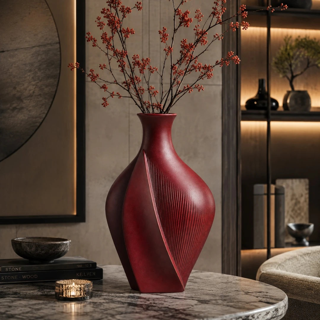 Qazira Burgundy Sculptural Ceramic Vase - Modern Decorative Vase