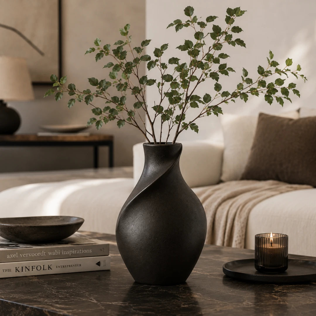 Qazira Matte Black Ceramic Vase - Twisted Spiral Sculptural Decorative Vase