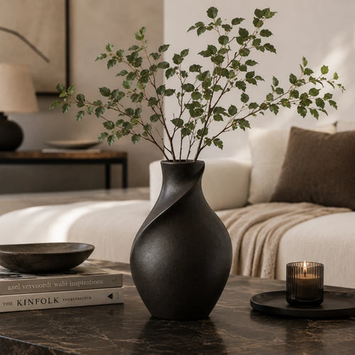 Qazira Matte Black Ceramic Vase - Twisted Spiral Sculptural Decorative Vase