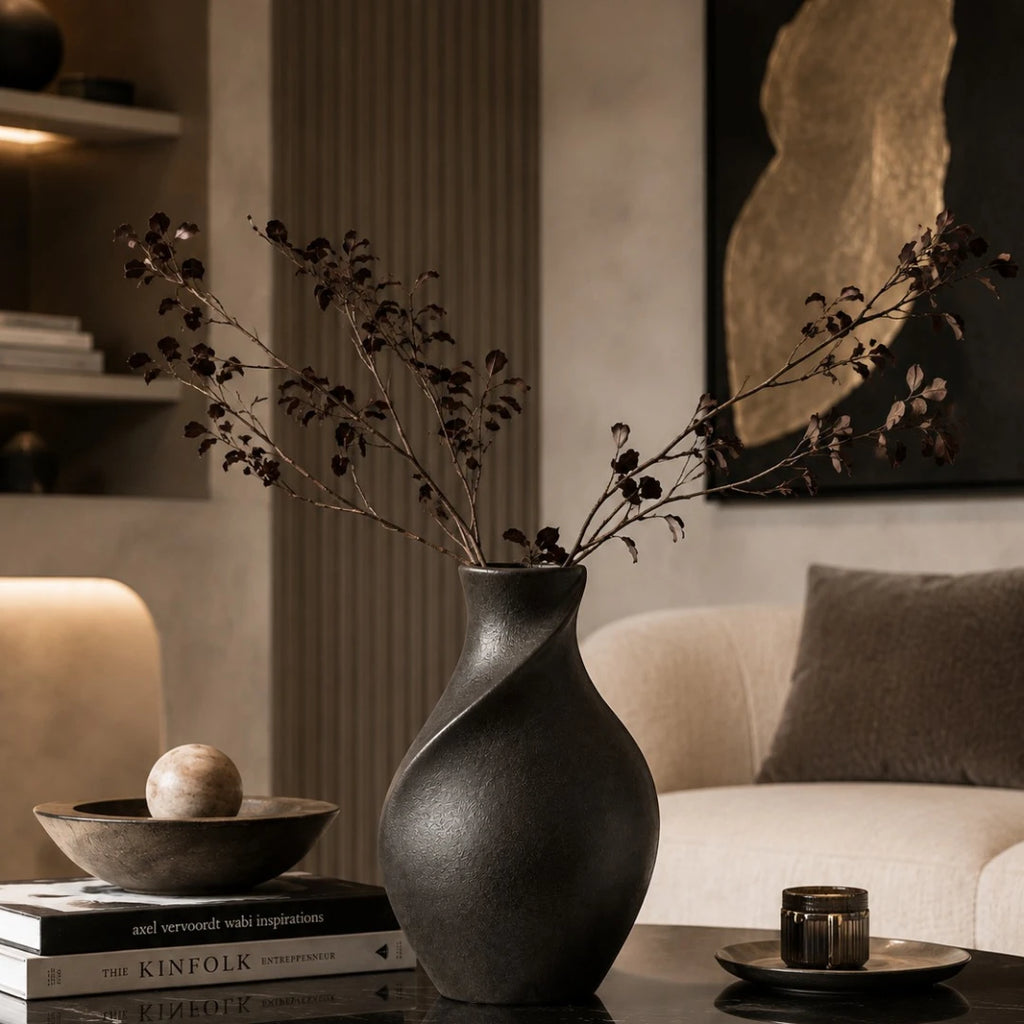 Qazira Matte Black Ceramic Vase - Twisted Spiral Sculptural Decorative Vase