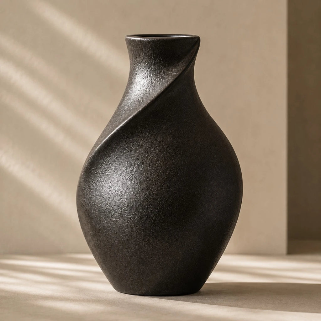 Qazira Matte Black Ceramic Vase - Twisted Spiral Sculptural Decorative Vase