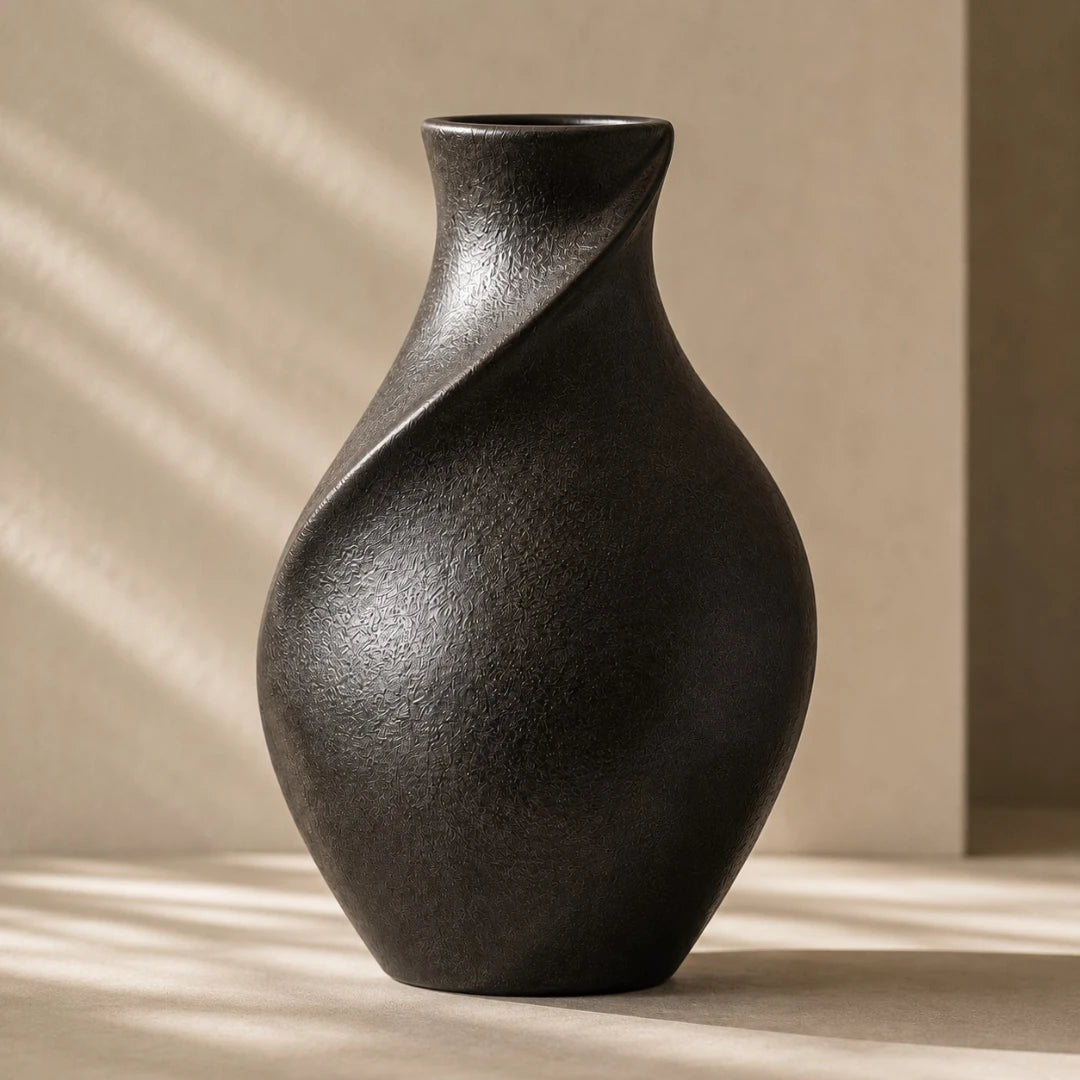 Qazira Matte Black Ceramic Vase - Twisted Spiral Sculptural Decorative Vase