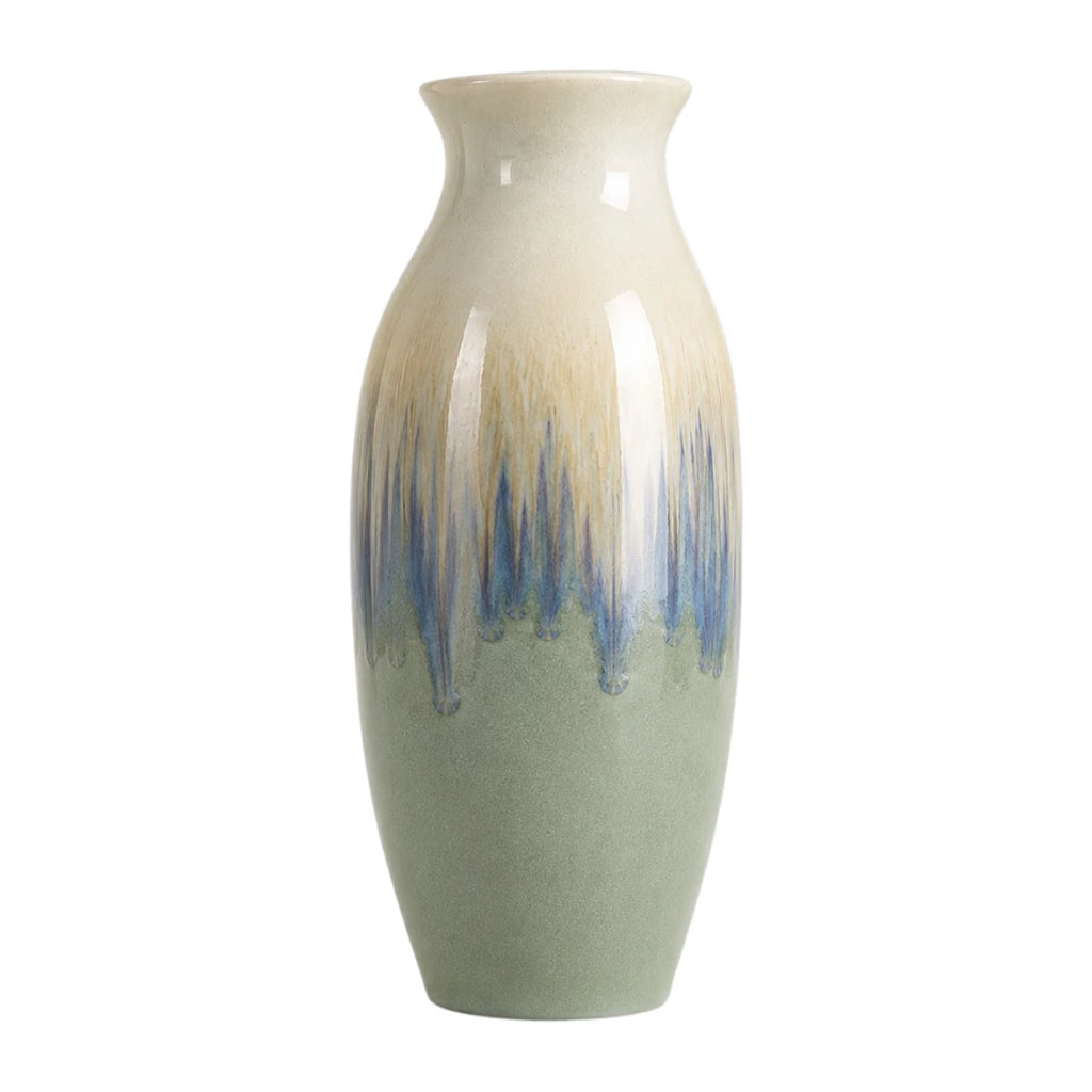 Qazira Reactive Glaze Ceramic Vase - Sage Green & Blue Ombre Decorative Flower Vase