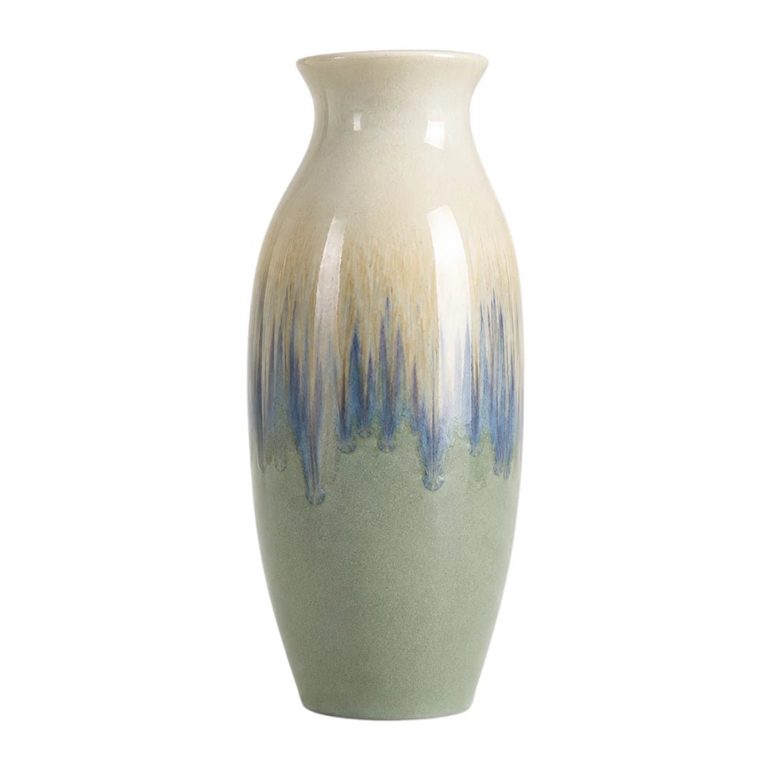 Qazira Reactive Glaze Ceramic Vase - Sage Green & Blue Ombre Decorative Flower Vase