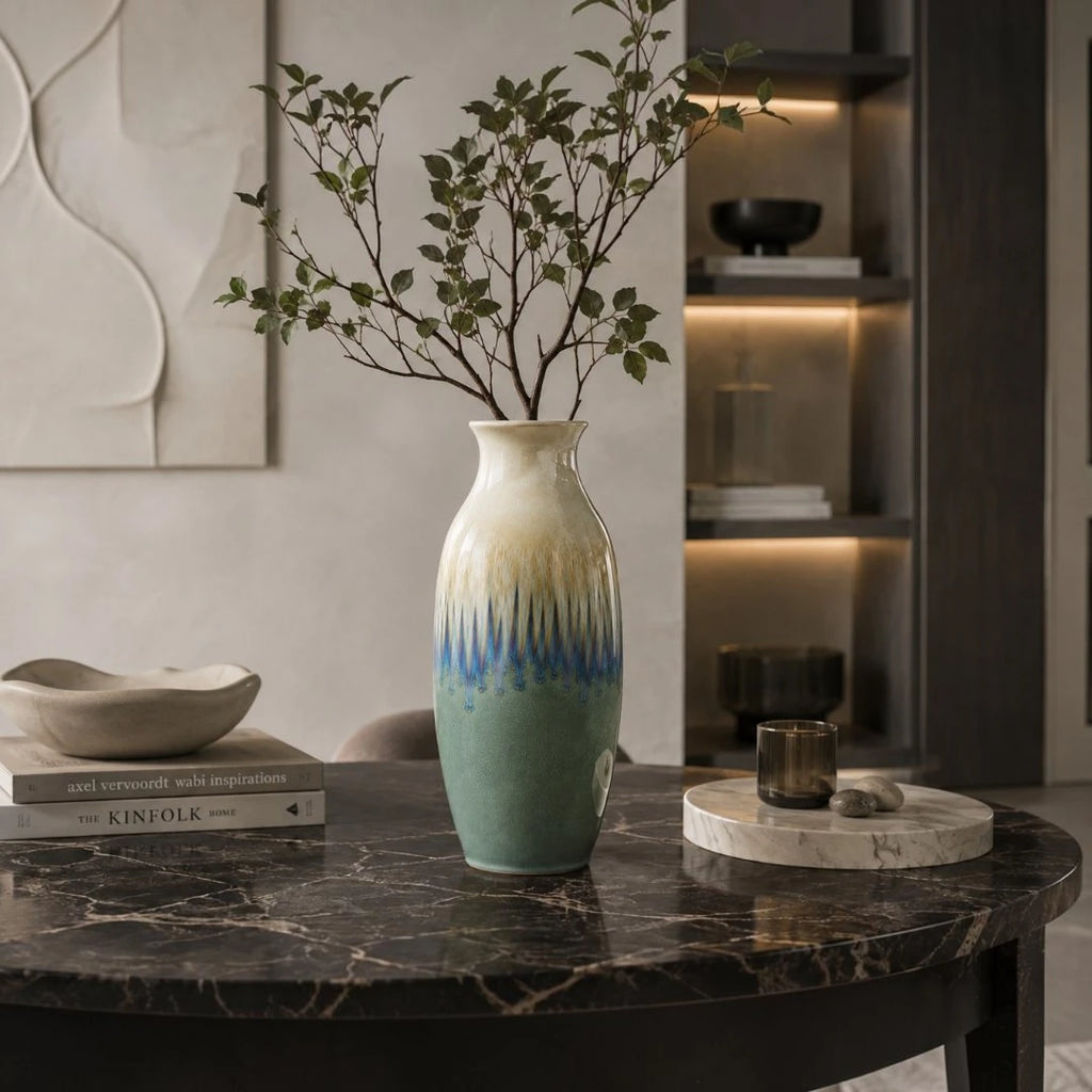 Qazira Reactive Glaze Ceramic Vase - Sage Green & Blue Ombre Decorative Flower Vase