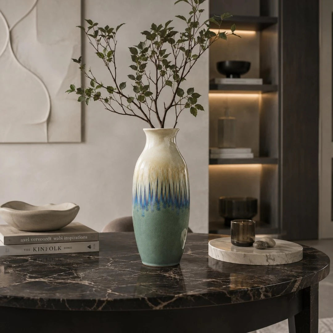 Qazira Reactive Glaze Ceramic Vase - Sage Green & Blue Ombre Decorative Flower Vase