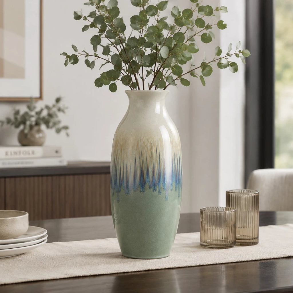 Qazira Reactive Glaze Ceramic Vase - Sage Green & Blue Ombre Decorative Flower Vase