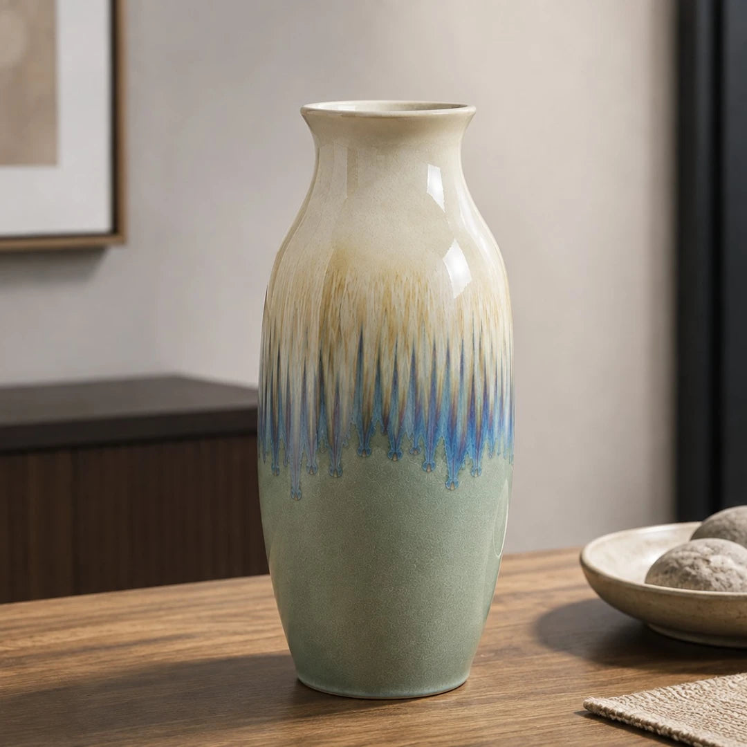 Qazira Reactive Glaze Ceramic Vase - Sage Green & Blue Ombre Decorative Flower Vase