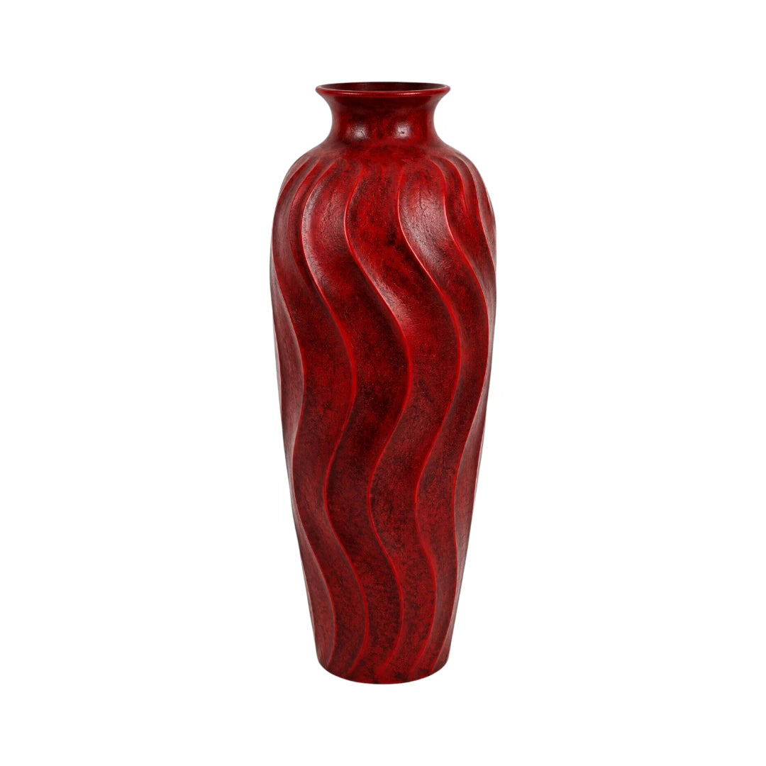 Qazira Ruby Red Wavy Textured Large Floor Vase - Sculptural Statement Vase