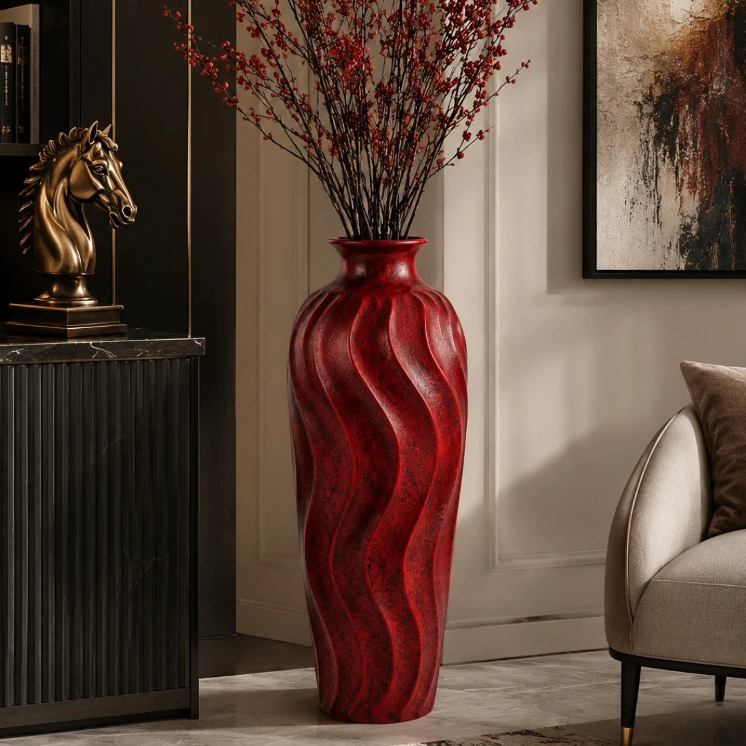 Qazira Ruby Red Wavy Textured Large Floor Vase - Sculptural Statement Vase