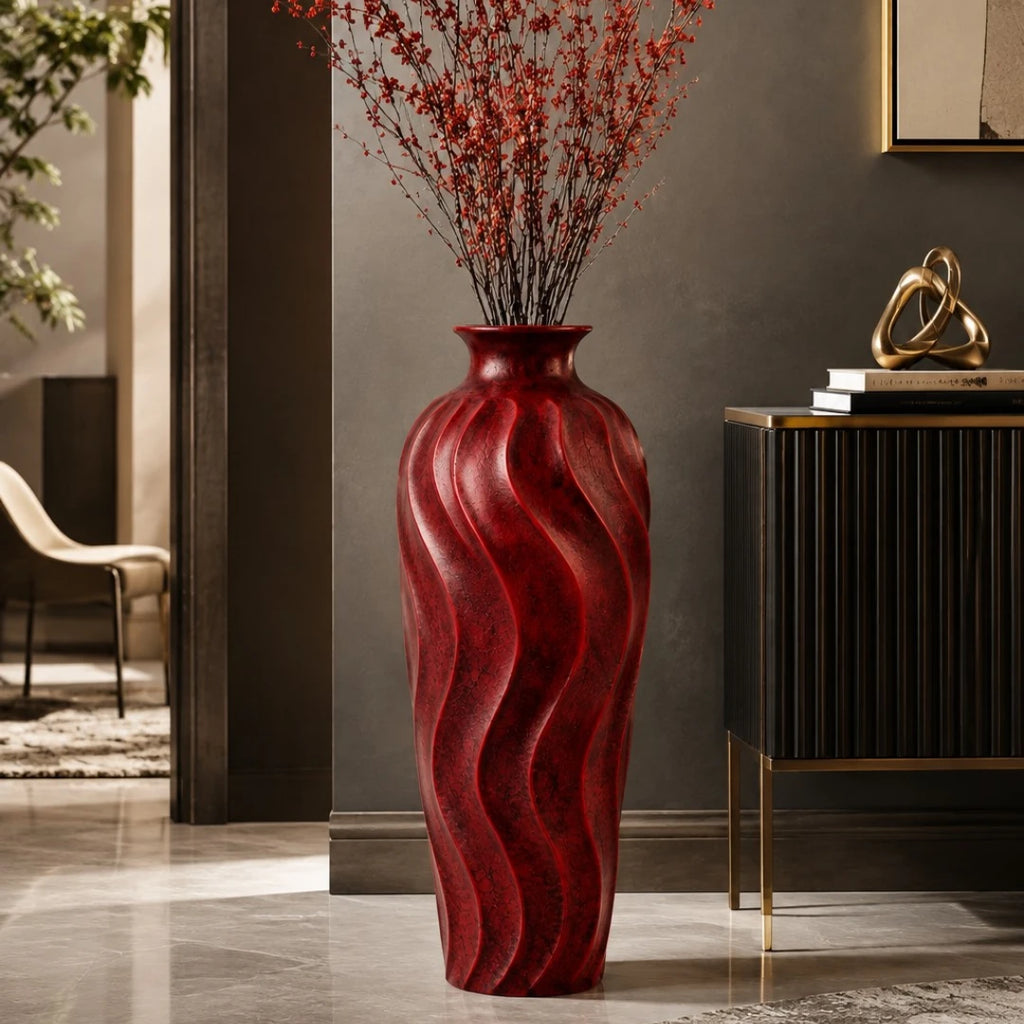 Qazira Ruby Red Wavy Textured Large Floor Vase - Sculptural Statement Vase