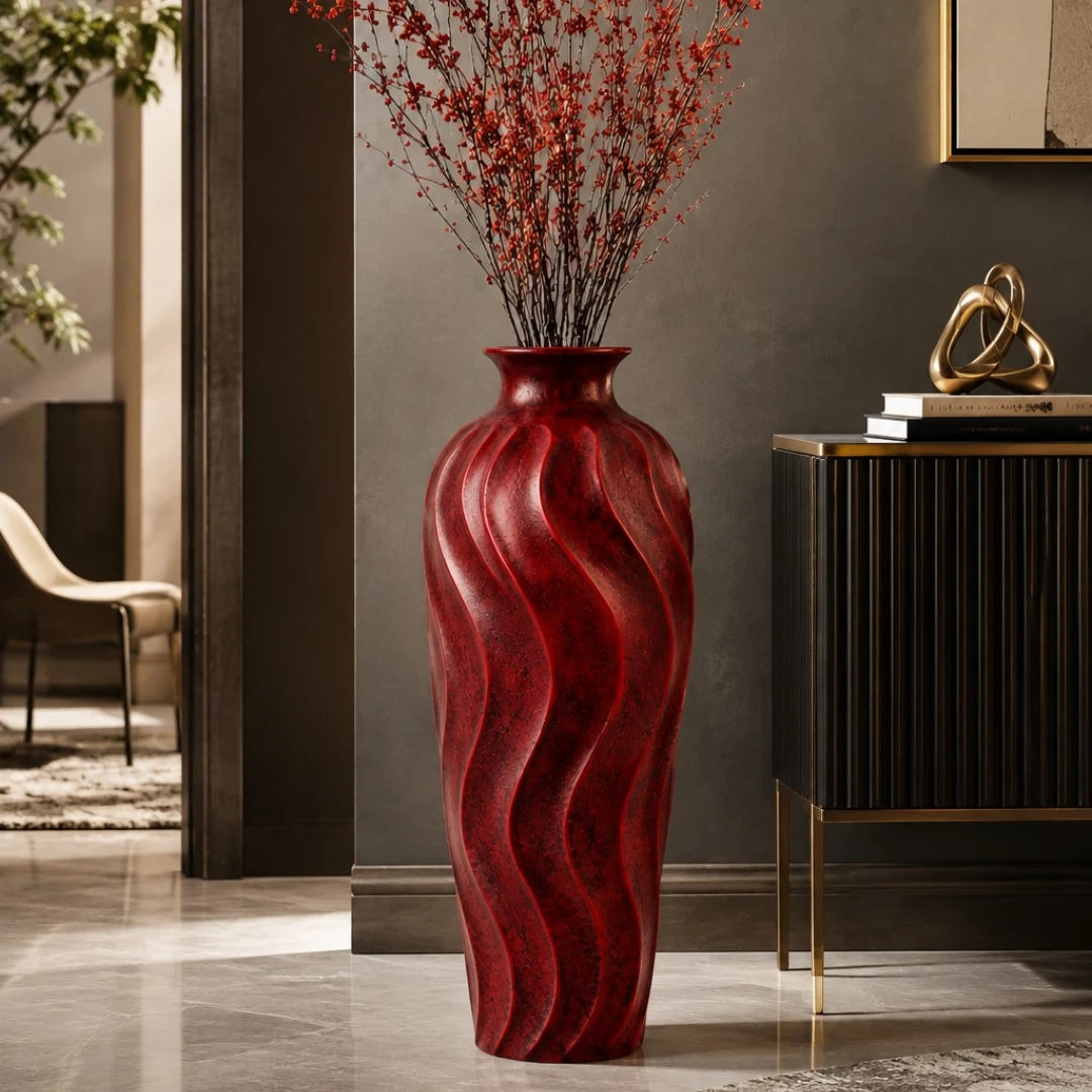 Qazira Ruby Red Wavy Textured Large Floor Vase - Sculptural Statement Vase