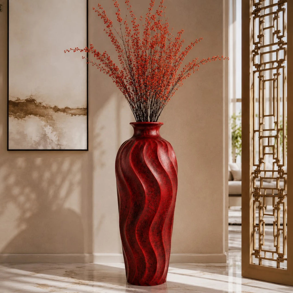 Qazira Ruby Red Wavy Textured Large Floor Vase - Sculptural Statement Vase