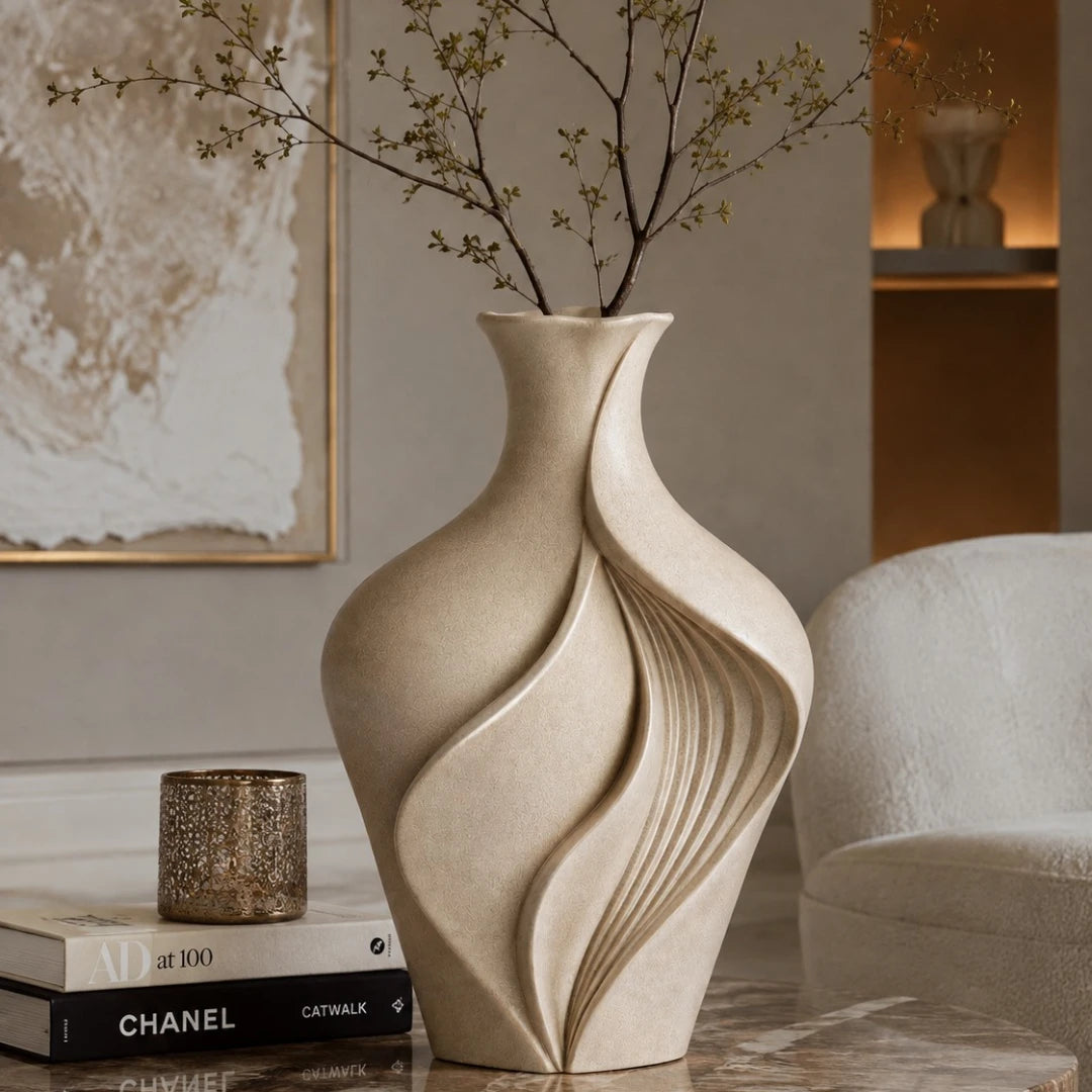 Qazira Sand Beige Sculptural Ceramic Vase - Modern Decorative Vase