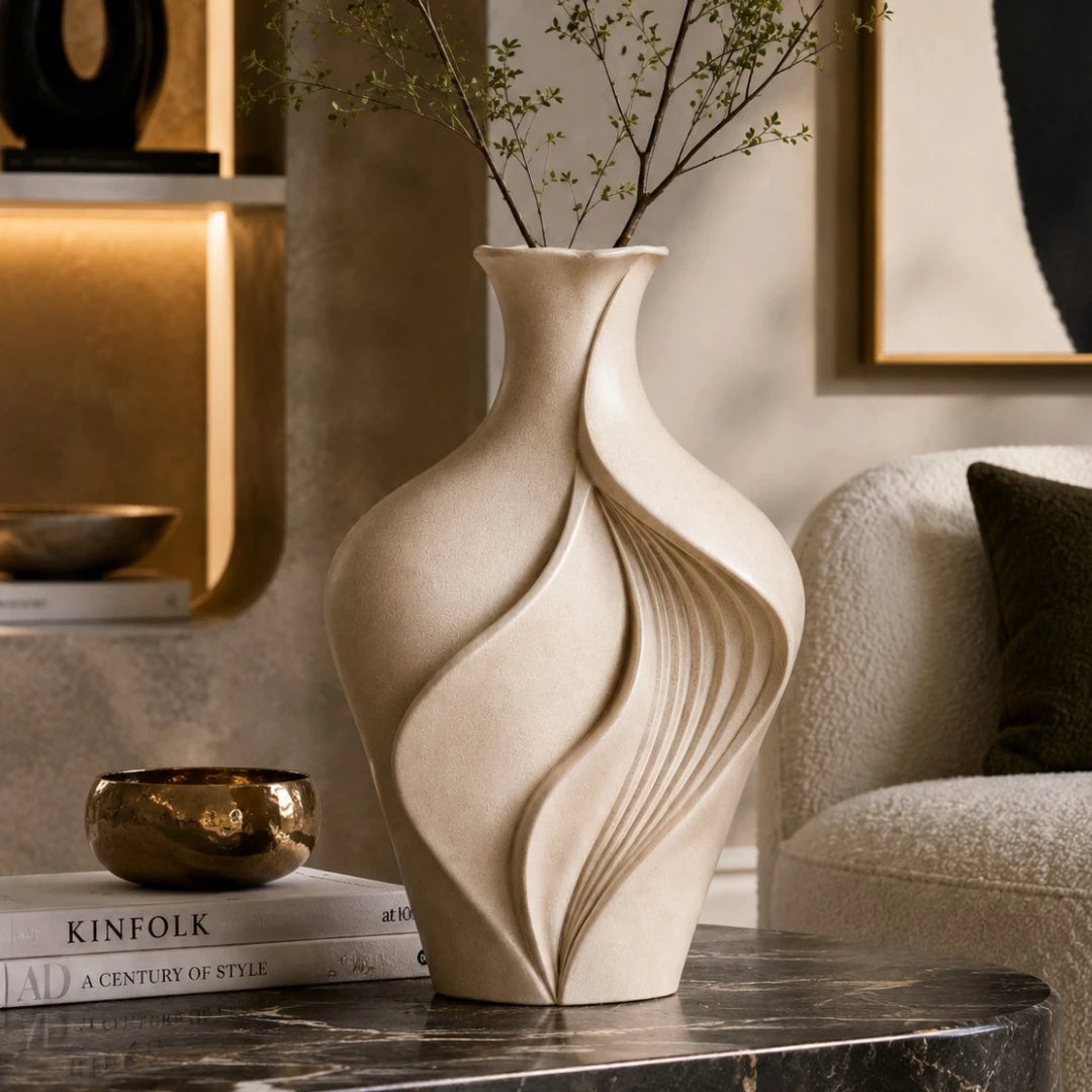 Qazira Sand Beige Sculptural Ceramic Vase - Modern Decorative Vase