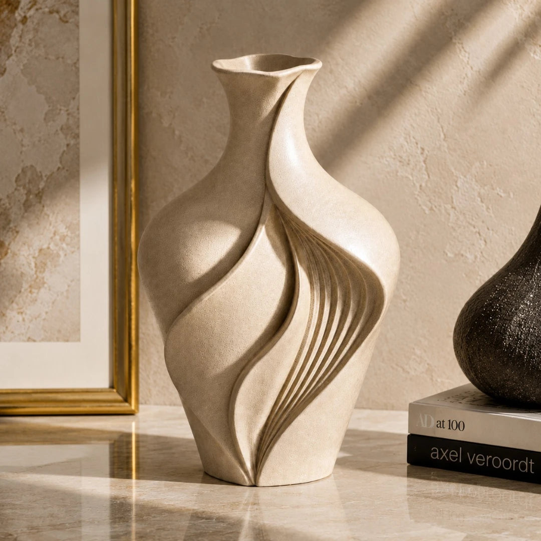 Qazira Sand Beige Sculptural Ceramic Vase - Modern Decorative Vase
