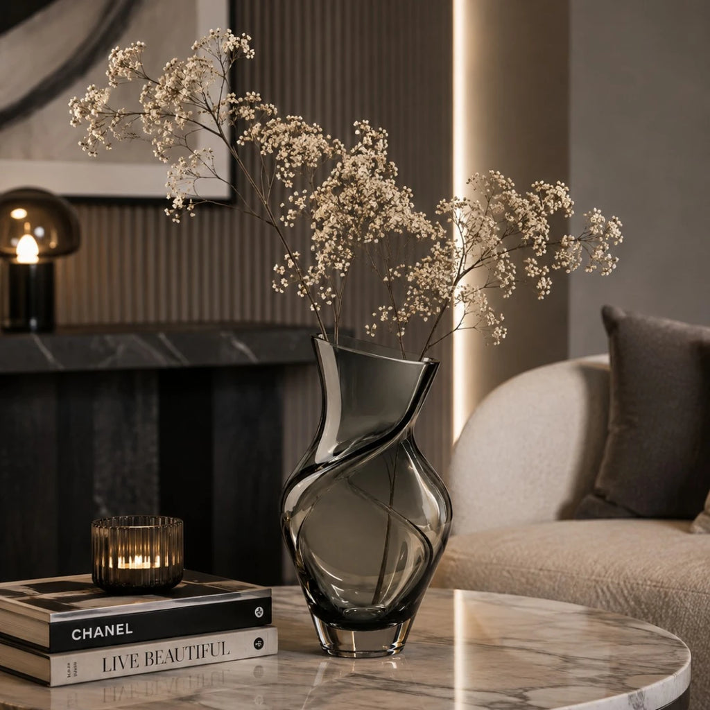 Qazira Smoky Grey Twisted Glass Vase - Sculptural Asymmetric Modern Flower Vase