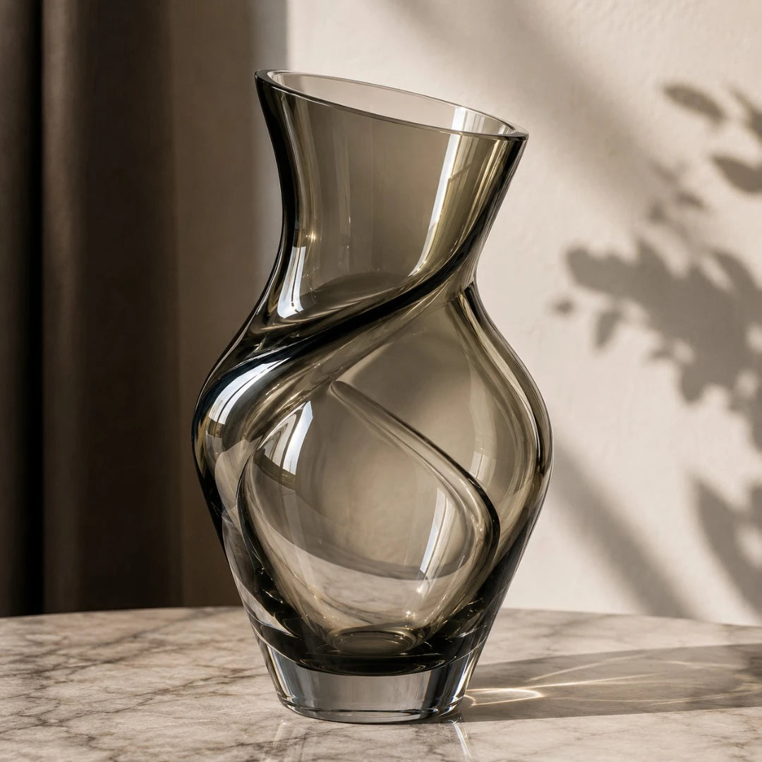 Qazira Smoky Grey Twisted Glass Vase - Sculptural Asymmetric Modern Flower Vase