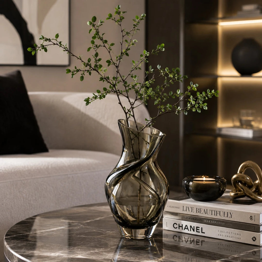 Qazira Smoky Grey Twisted Glass Vase - Sculptural Asymmetric Modern Flower Vase